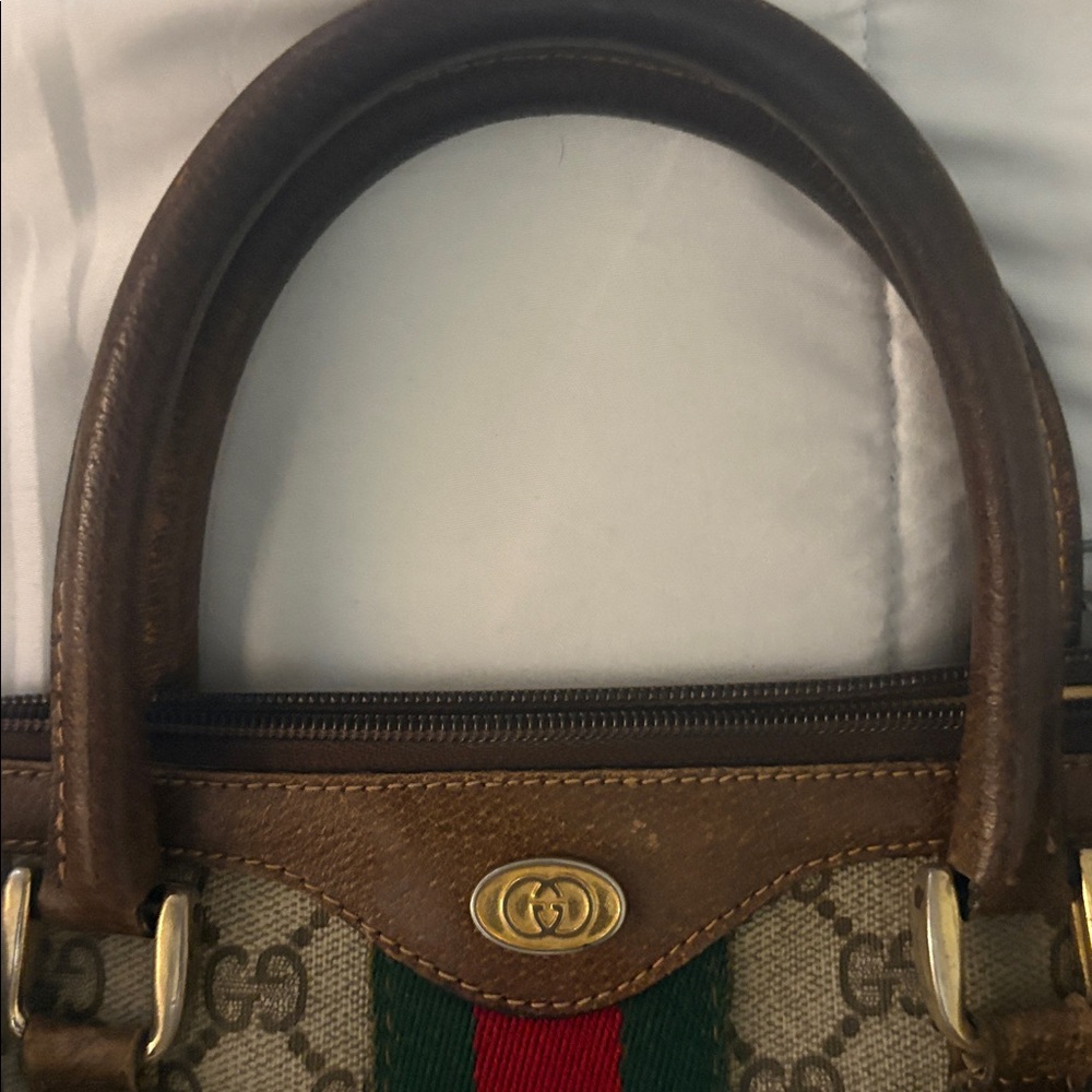 Authentic Gucci Beige and Brown Satchel Stripe/ free gift w purchase - Picture 2 of 8